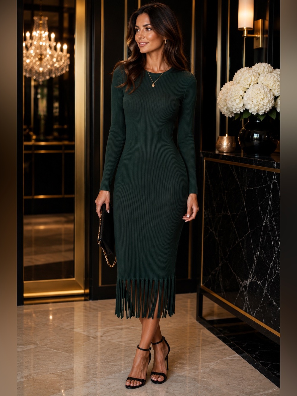 Nanette Lepore Hunter Green Ribbed Fringe Midi Sweater Dress NWT L